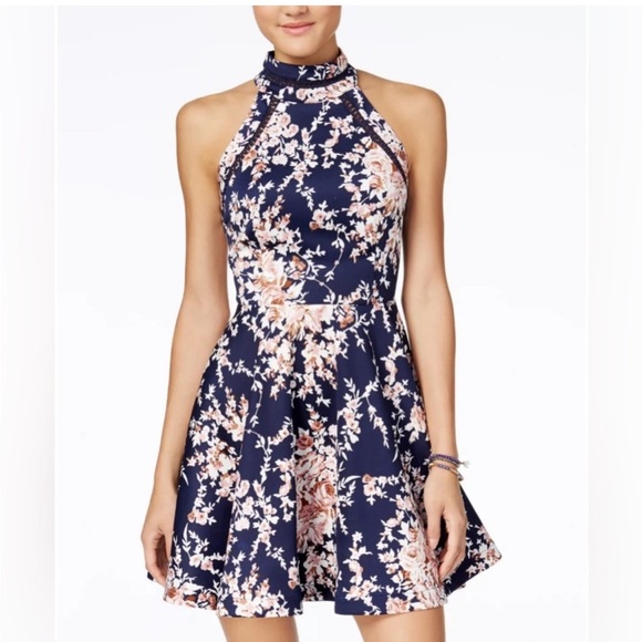 B. Darlin Women's Navy Blue Pink Floral Halter‎ Tank Mini Dress - Sz. 7/8 - Picture 1 of 11